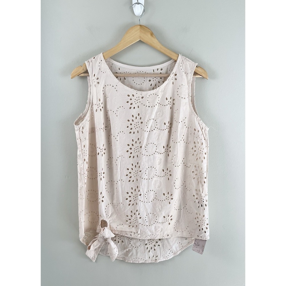 Emery Rose NWT Women's Sleeveless Eyelet Cotton Top Beige Tie Front Sz Lg